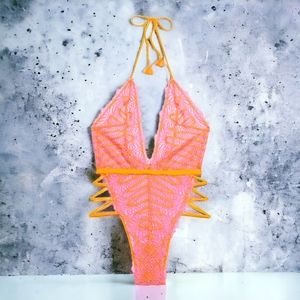 🔥 🔥 STRANDED IN LACE CROCHET TEDDY ORANGE CREME  XL